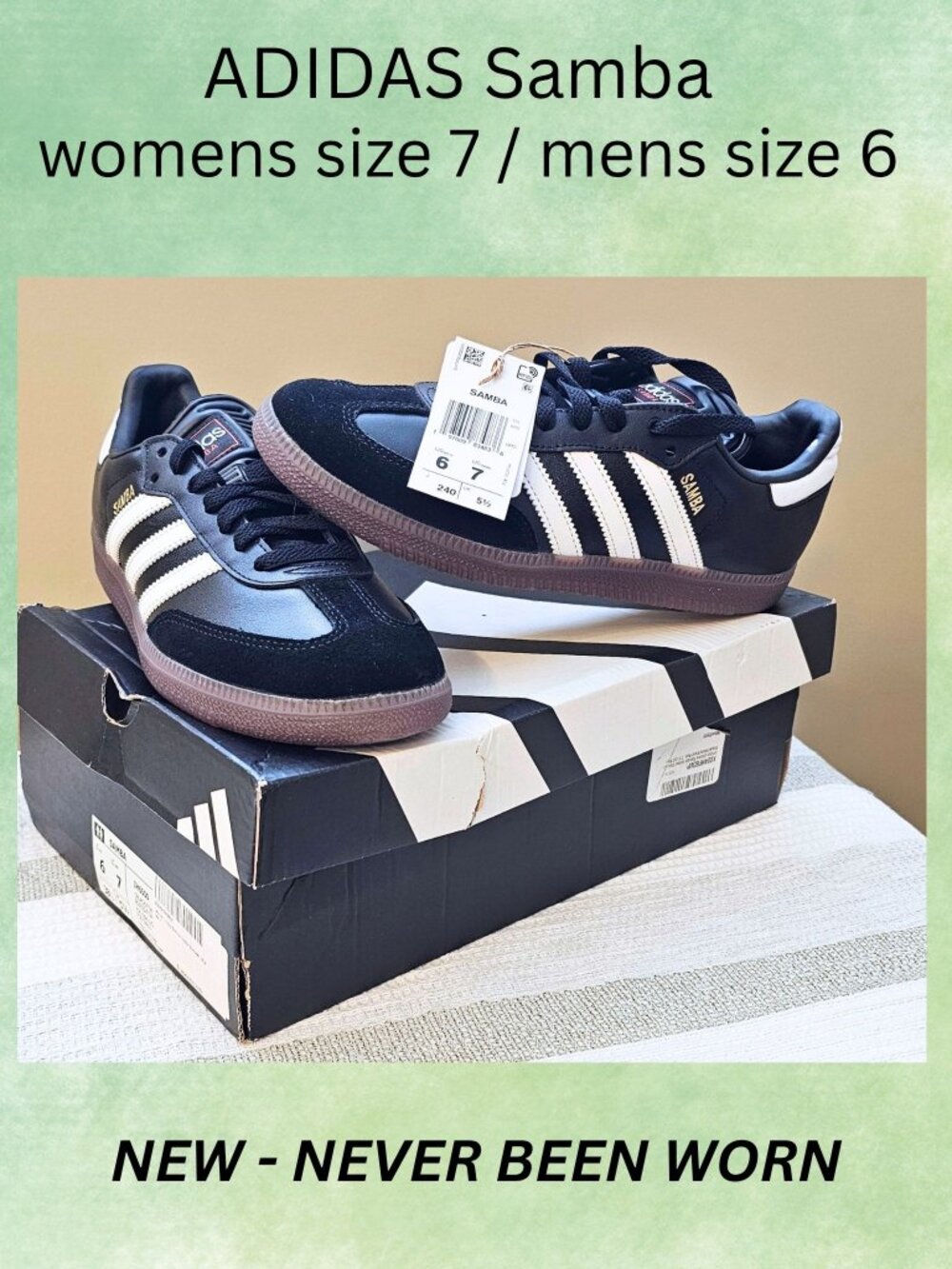 NEW ADIDAS Samba Black with White Stripes, Suede and Leather, Men 6 /  Women 7